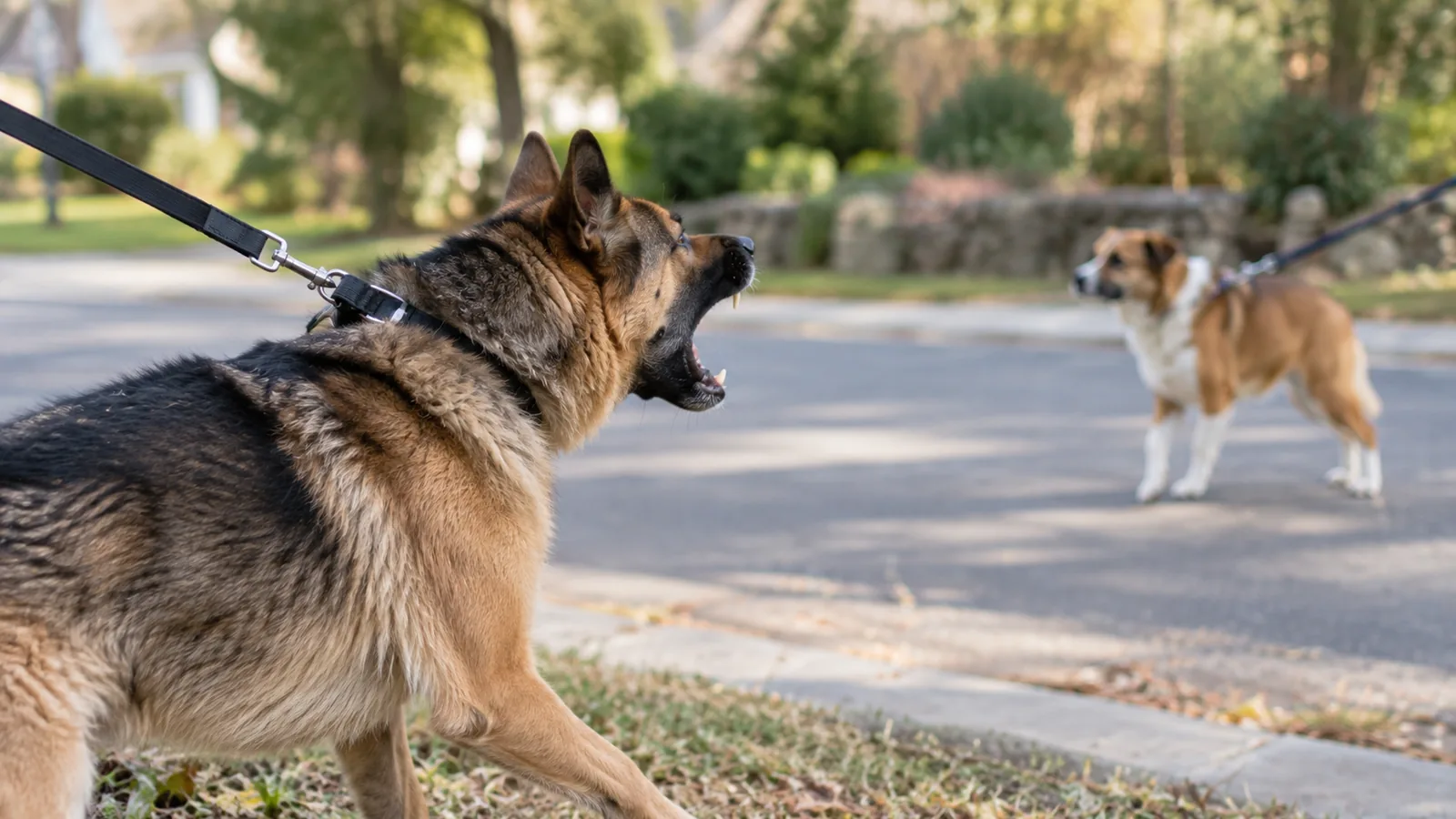 German Shepherd on a leash barking and lunging toward a calm dog across the street